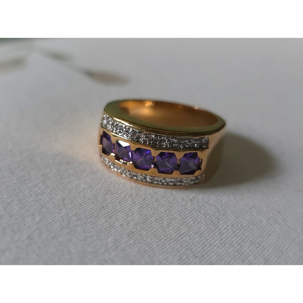 Vintage Gold Tone Flush Set Ring Purple Square Stones Clear Accents Size 8